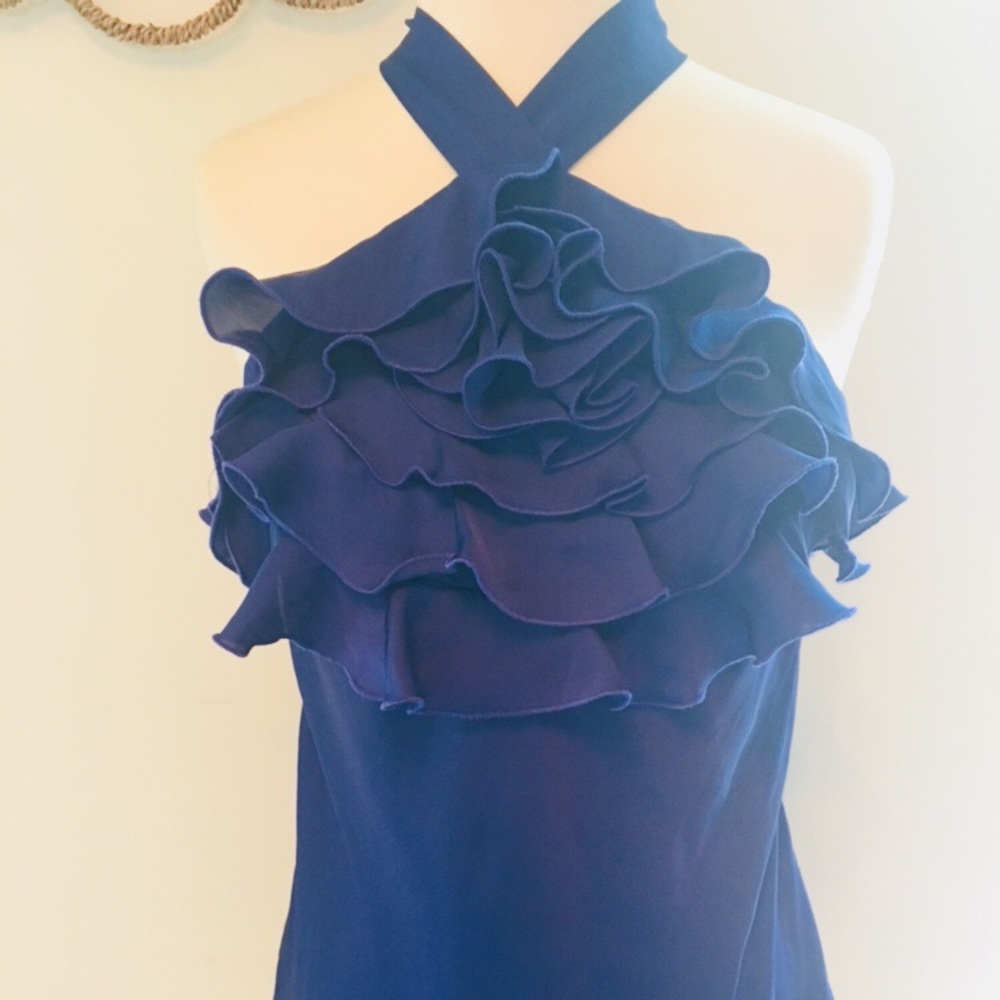 Sapphire Blue Ruffle Neck Sleeveless Silk Blouse